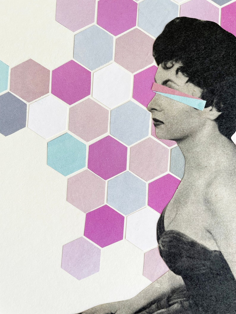May include: Mixed media artwork showing a vintage black and white image of a woman in profile, with pastel-coloured geometric shapes. The background is a pattern of hexagonal shapes in shades of purple, blue, and white.