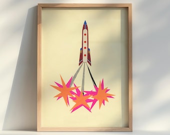 Retro Rocket Print, Space Wall Art A5 Sale Print - Rocket