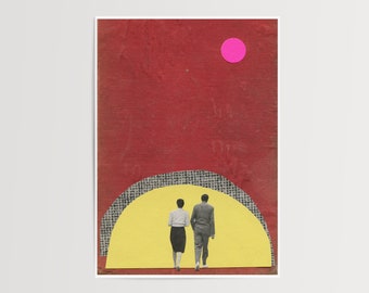 May include: A collage artwork featuring two figures walking towards a yellow half-circle with a black and white patterned border. A pink circle is in the top right corner of the red background.