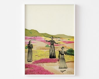 May include: Three women in vintage dresses stand in a field of pink and yellow flowers. The women are smiling and looking at the camera. The field is surrounded by hills in the distance.