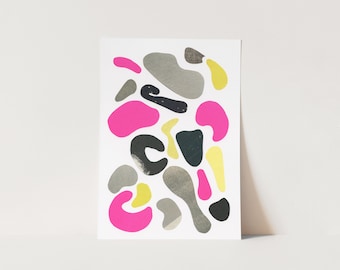 ORIGINAL COLLAGE, Abstract Shape Art in Hot Pink, Yellow and Grey - Organic II