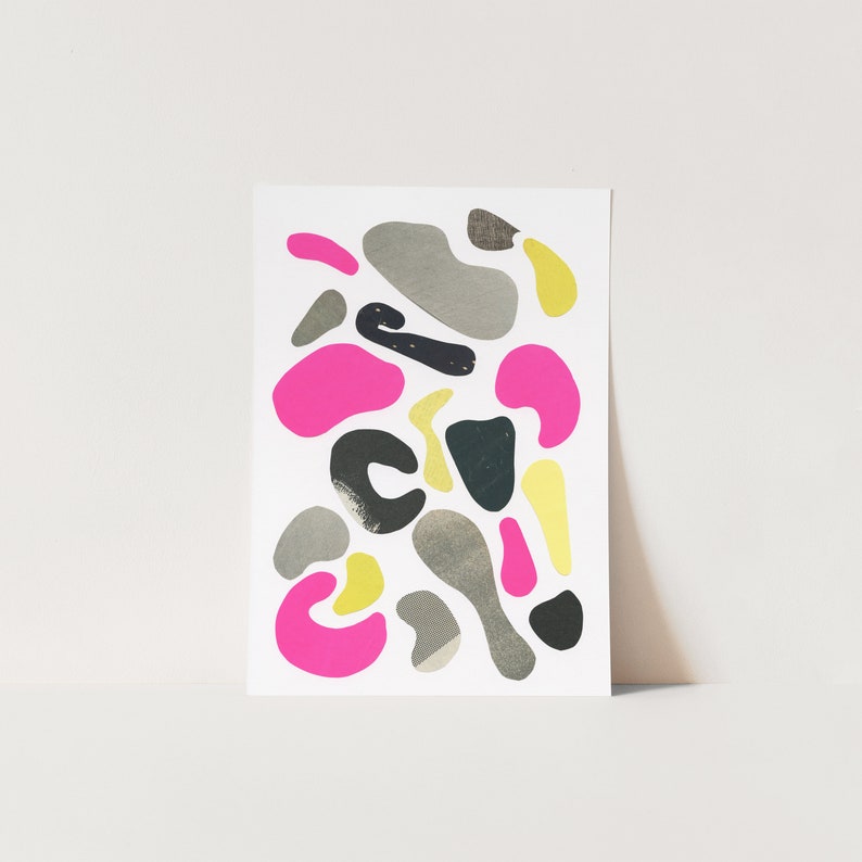 ORIGINAL COLLAGE, Abstract Shape Art in Hot Pink, Yellow and Grey Organic II image 1