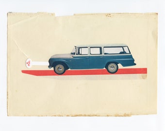 Original Toy Car Collage Art on Paper - Pull Here