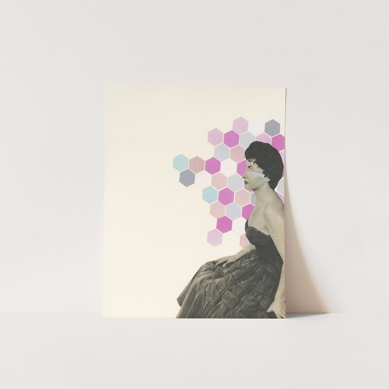 May include: An art print in a vintage style, showing a woman in a black dress, seated in profile. The artwork uses a collage technique with a honeycomb pattern in pastel shades. The background is a soft cream colour.