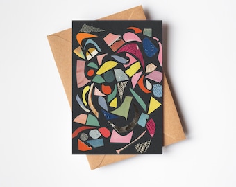 Abstract Card, Blank Greetings Card, Colorful Art Card - Black Terrazzo