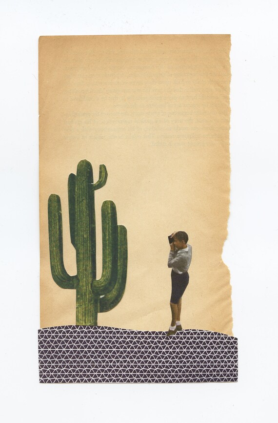 Original Paper Collage Art on Vintage Book Page - Giant Cactus