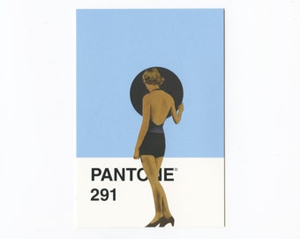 May include: A light blue Pantone color swatch with the number 291 printed on it. A woman in a black swimsuit and a black hat is standing in front of the swatch.