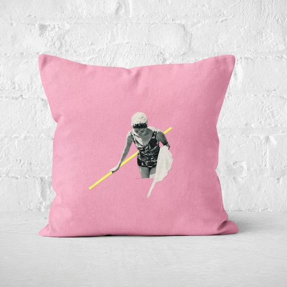 Pink Velvet Cushion, Mid Century Decor, Swimming Gifts - Evening Swim