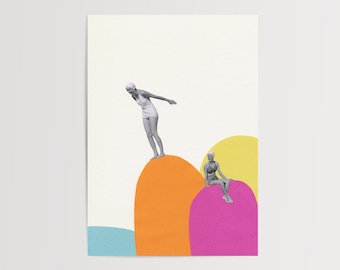 May include: Two women in vintage swimsuits stand on colorful abstract shapes. One woman is standing on a bright orange shape, while the other is sitting on a pink shape. The background is white.