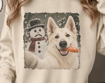 Christmas Sweatshirt with White German Shepherd & Snowman
