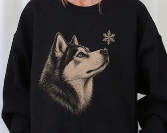 Husky Winter Sweatshirt, Siberian Husky Snowflake Sweater, Vintage Dog Lover Gift