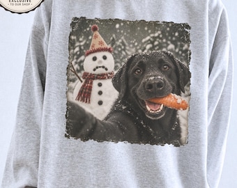 Black Labrador Christmas Sweatshirt with Snowman Selfie