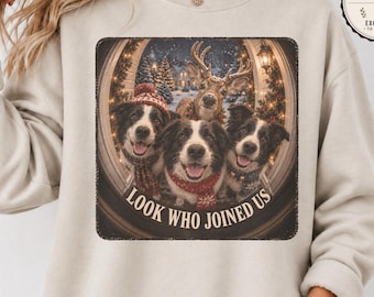Border Collie Christmas Sweatshirt | Dogs & Reindeer Doorway Scene