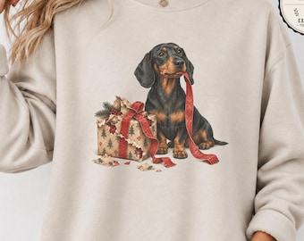Dachshund Christmas Sweatshirt | Funny Gift Wrap Dog Crewneck