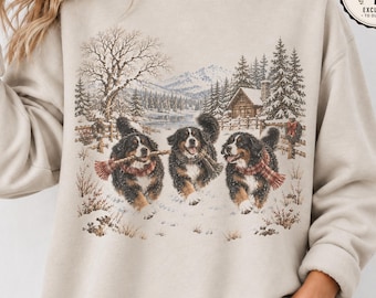 Bernese Mountain Dog Sweatshirt | Snowy Christmas Cabin