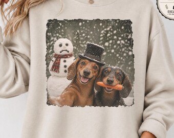Dachshund Christmas Sweatshirt, Funny Wiener Dog Snowman Selfie Crewneck, Sausage Dog Holiday Gift