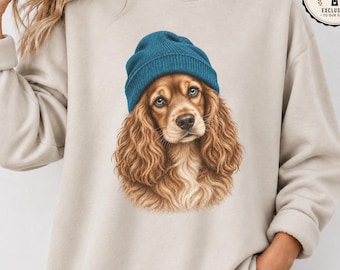 Blue Eyed Cocker Spaniel Sweatshirt, Cocker Spaniel Dog Lover Crewneck, Cute Beanie Dog Gift