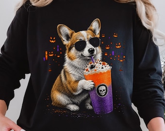 Corgi Halloween Long Sleeve T-Shirt | Spooky Dog Drink Tee