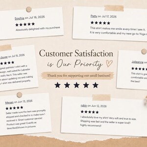 May include: A collection of six customer reviews displayed on white rectangular cards with five-star ratings. The central text reads Customer Satisfaction is Our Priority and Thank you for supporting our small business, accompanied by a heart icon.
