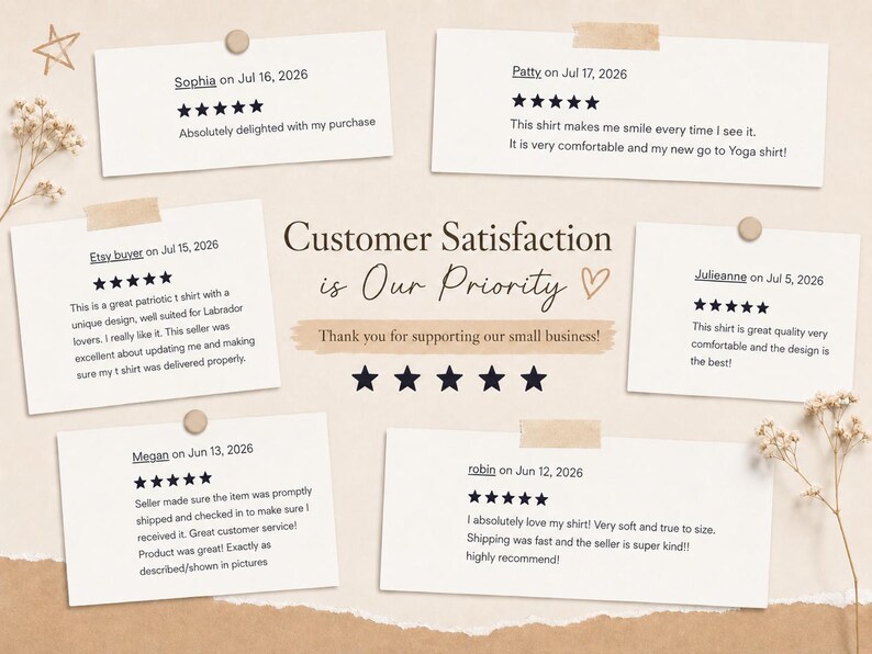 May include: A collection of six customer reviews displayed on white rectangular cards with five-star ratings. The central text reads Customer Satisfaction is Our Priority and Thank you for supporting our small business, accompanied by a heart icon.