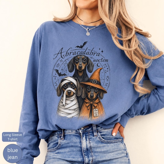 Dachshund Halloween Long Sleeve | Mummy Witch Dog Sweatshirt | Vintage Spooky Pet Graphic | Sausage Dog Lover Gift | Unisex Fall Apparel
