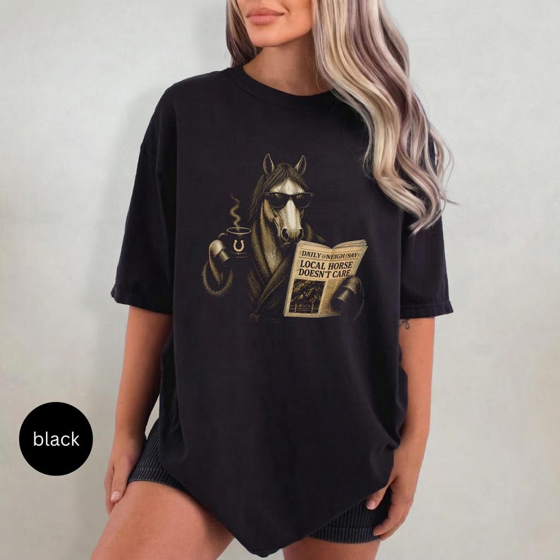 Vintage engraved horse wearing sunglasses and a robe while reading a newspaper and holding a steaming coffee mug. Humorous horse lover design featuring the headline “Local Horse Doesn't Care” in an antique newspaper style. Detailed equestrian artwork with a relaxed, unbothered attitude.