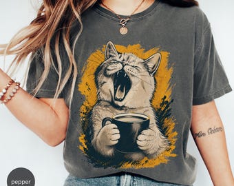 Shirt Not A Morning Cat | Sleepy Cat Coffee T-shirt | Grappig kattenliefhebbercadeau | Grumpy Cat-shirt met print | T-shirt koffieliefhebber | Uniseks T-shirt