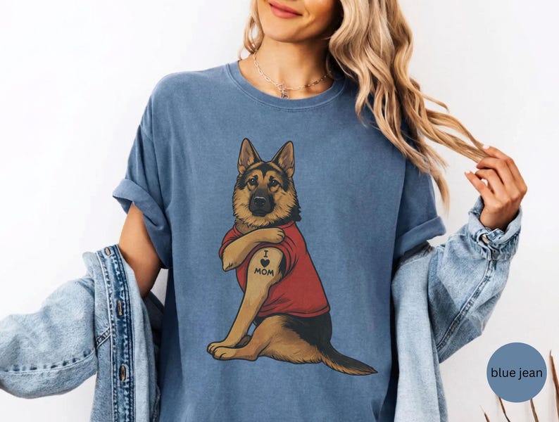 German Shepherd dog illustration wearing a red shirt, lifting sleeve to reveal “I love mom” tattoo, vintage style retro pet graphic, bold clean lines, centered composition, perfect for dog lovers and animal themed apparel designs