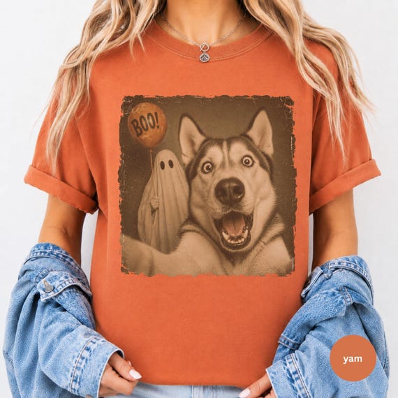 Husky Halloween Shirt, Ghost Selfie Dog Tee, Pet Lover Gift | Comfort Colors 1717 Unisex Tee