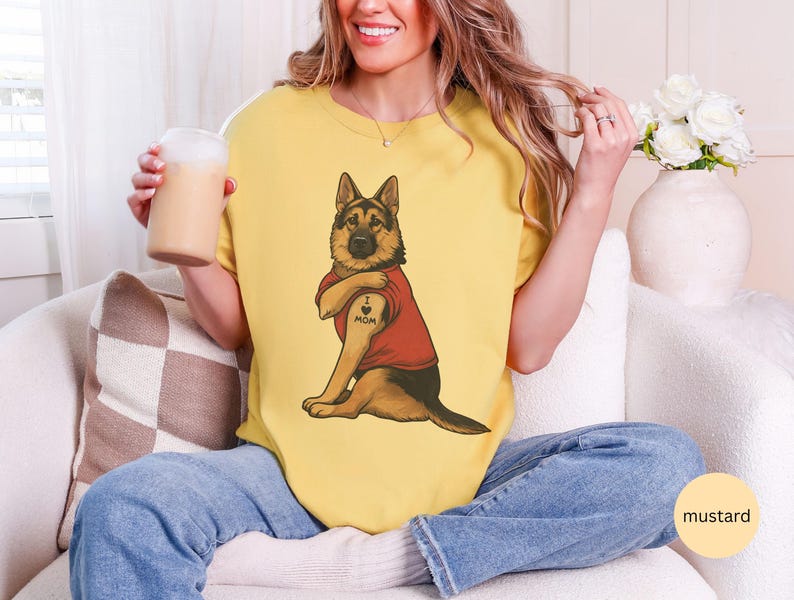 German Shepherd dog illustration wearing a red shirt, lifting sleeve to reveal “I love mom” tattoo, vintage style retro pet graphic, bold clean lines, centered composition, perfect for dog lovers and animal themed apparel designs