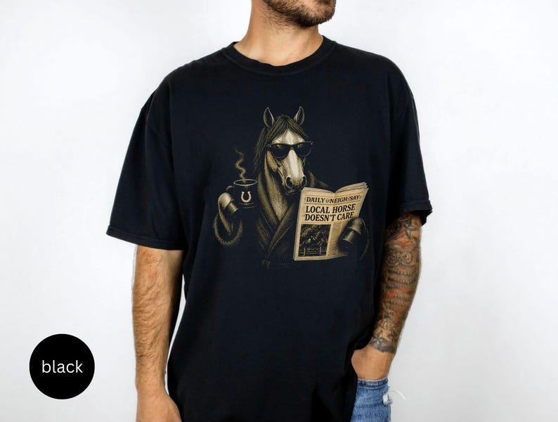 Vintage engraved horse wearing sunglasses and a robe while reading a newspaper and holding a steaming coffee mug. Humorous horse lover design featuring the headline “Local Horse Doesn't Care” in an antique newspaper style. Detailed equestrian artwork with a relaxed, unbothered attitude.