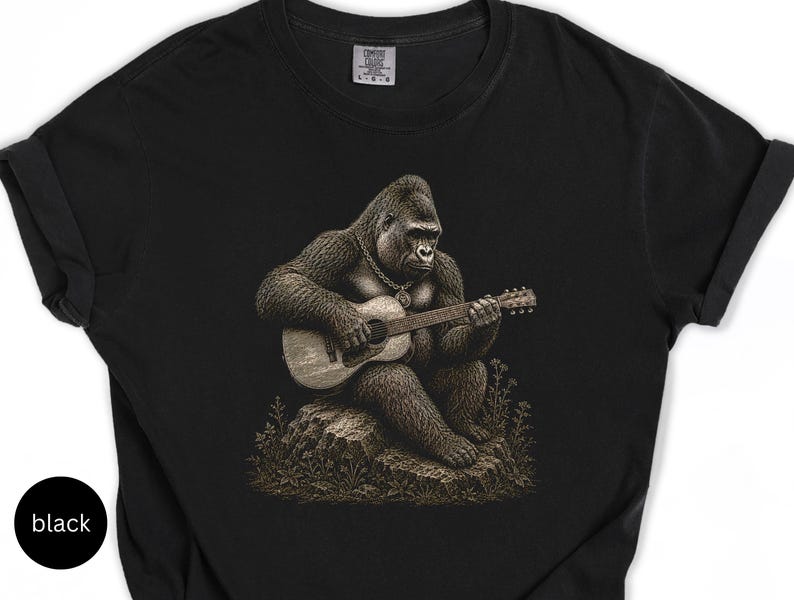 Detailed gorilla playing acoustic guitar while sitting on a rock, vintage engraving artwork for music lovers and guitar players.