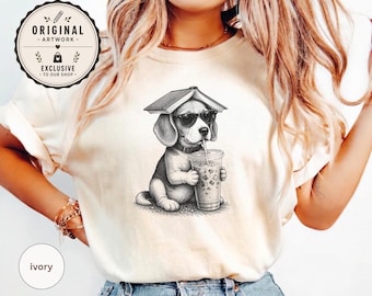 Beagle Book Lover Unisex Shirt | Reading Dog Tee | Iced Coffee Puppy | Bibliophile Gift | Cute Pet Art
