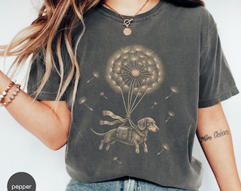Shirt paardenbloem teckel | Flying Wiener Hondenshirt | Grappig hondenliefhebbercadeau | Vintage shirt met gravurekunst | Uniseks T-shirt