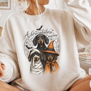 Dachshund Halloween long sleeve and sweatshirt design with three black and tan dogs, mummy wraps, orange witch hat, bats and spell symbols.