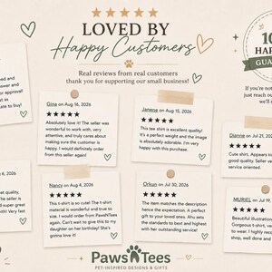 May include: A collection of eight customer reviews displayed on square paper notes with five-star ratings. The text includes 'LOVED BY Happy Customers', '100% HAPPINESS GUARANTEE', and 'PawsTees PET-INSPIRED DESIGNS & GIFTS'. Small heart and paw print icons decorate the beige background.