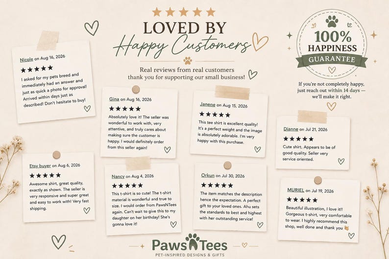 May include: A collection of eight customer reviews displayed on square paper notes with five-star ratings. The text includes 'LOVED BY Happy Customers', '100% HAPPINESS GUARANTEE', and 'PawsTees PET-INSPIRED DESIGNS & GIFTS'. Small heart and paw print icons decorate the beige background.