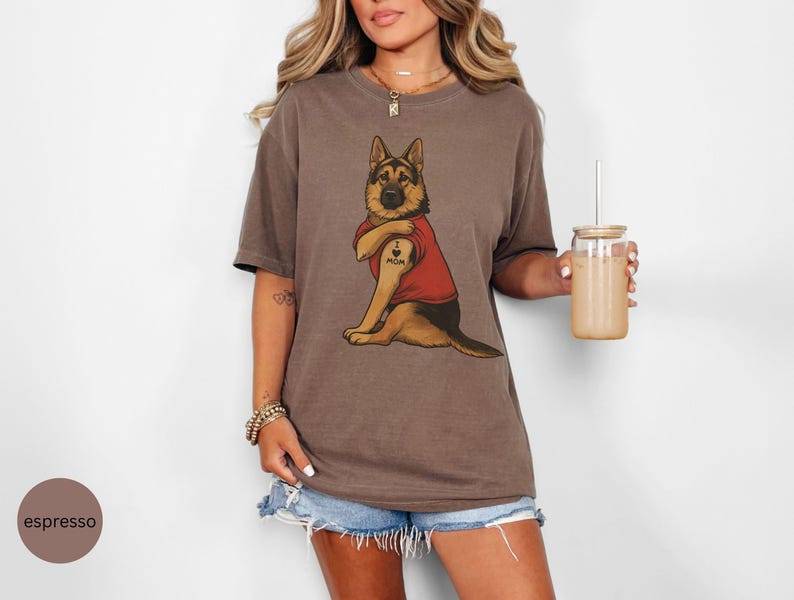 German Shepherd dog illustration wearing a red shirt, lifting sleeve to reveal “I love mom” tattoo, vintage style retro pet graphic, bold clean lines, centered composition, perfect for dog lovers and animal themed apparel designs