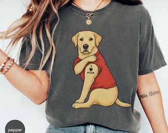 Labrador Mom Shirt Featuring Tattoo Dog Illustration | I Love Mom Graphic Tee | Retro Dog Lover Gift Comfort Colors