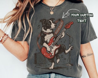 Border Collie Guitar Shirt | Custom Name Strap Design | Music Lover Gift | Funny Border Collie Illustration | Unisex Graphic Tee