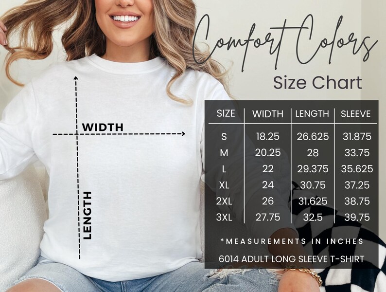 May include: A white long-sleeve t-shirt size chart with a black table displaying measurements in inches for sizes S through 3XL. The chart includes columns for width, length, and sleeve measurements, labeled 6014 Adult Long Sleeve T-Shirt.