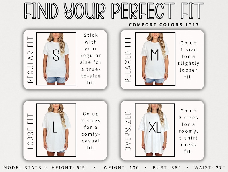 May include: A sizing guide for Comfort Colors 1717 t-shirts featuring four panels showing regular, relaxed, loose, and oversized fits. Text includes 'Find Your Perfect Fit', size labels S, M, L, XL, fitting instructions, and model stats: 5'5", 130 lbs, 36" bust, 27" waist.