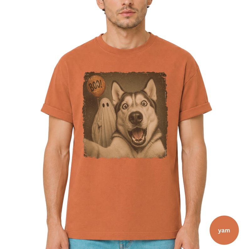 Startled Husky taking a Halloween selfie with a sheet ghost holding an orange BOO balloon in a distressed vintage photo design.