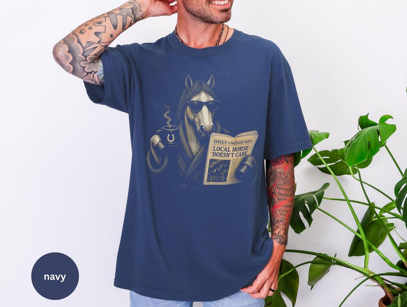 Vintage engraved horse wearing sunglasses and a robe while reading a newspaper and holding a steaming coffee mug. Humorous horse lover design featuring the headline “Local Horse Doesn't Care” in an antique newspaper style. Detailed equestrian artwork with a relaxed, unbothered attitude.