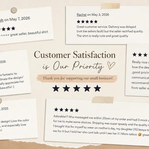 May include: A beige background displays five white rectangular customer review cards with five-star ratings and text. The central text reads Customer Satisfaction is Our Priority and Thank you for supporting our small business with a heart icon.