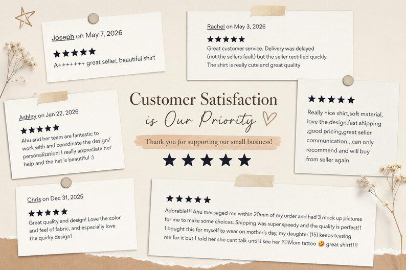 May include: A beige background displays five white rectangular customer review cards with five-star ratings and text. The central text reads Customer Satisfaction is Our Priority and Thank you for supporting our small business with a heart icon.