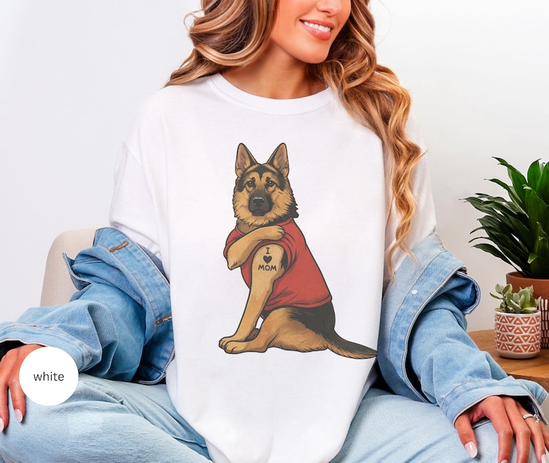 German Shepherd dog illustration wearing a red shirt, lifting sleeve to reveal “I love mom” tattoo, vintage style retro pet graphic, bold clean lines, centered composition, perfect for dog lovers and animal themed apparel designs