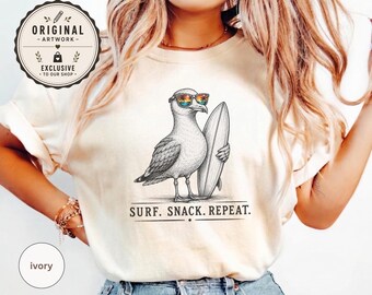 Shirt Surf Snack Repeat Seagull | Grappig T-shirt met strandvogel | Coastal Seagull grafisch shirt | T-shirt strandvakantie | Cadeau oceaanliefhebber