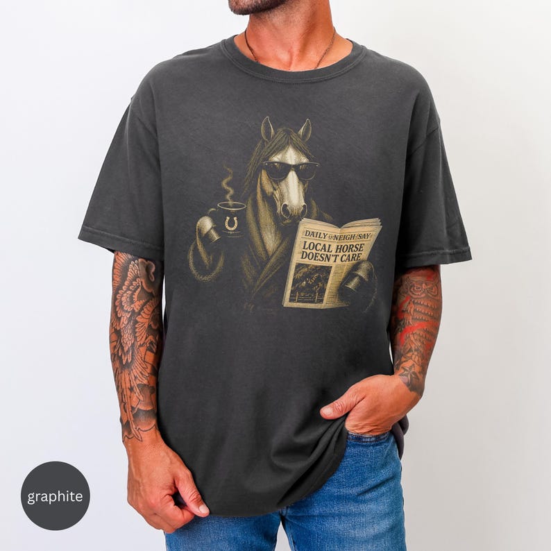 Vintage engraved horse wearing sunglasses and a robe while reading a newspaper and holding a steaming coffee mug. Humorous horse lover design featuring the headline “Local Horse Doesn't Care” in an antique newspaper style. Detailed equestrian artwork with a relaxed, unbothered attitude.
