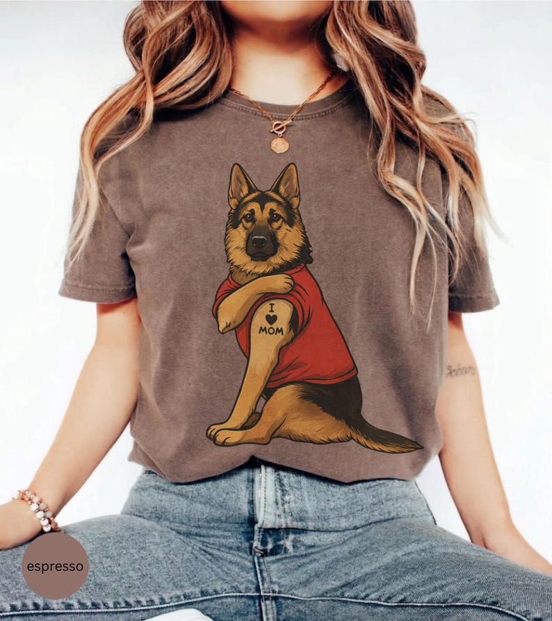 German Shepherd dog illustration wearing a red shirt, lifting sleeve to reveal “I love mom” tattoo, vintage style retro pet graphic, bold clean lines, centered composition, perfect for dog lovers and animal themed apparel designs